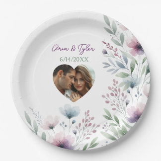 Sage Green and Plum Purple Botanical Wedding Paper Plate