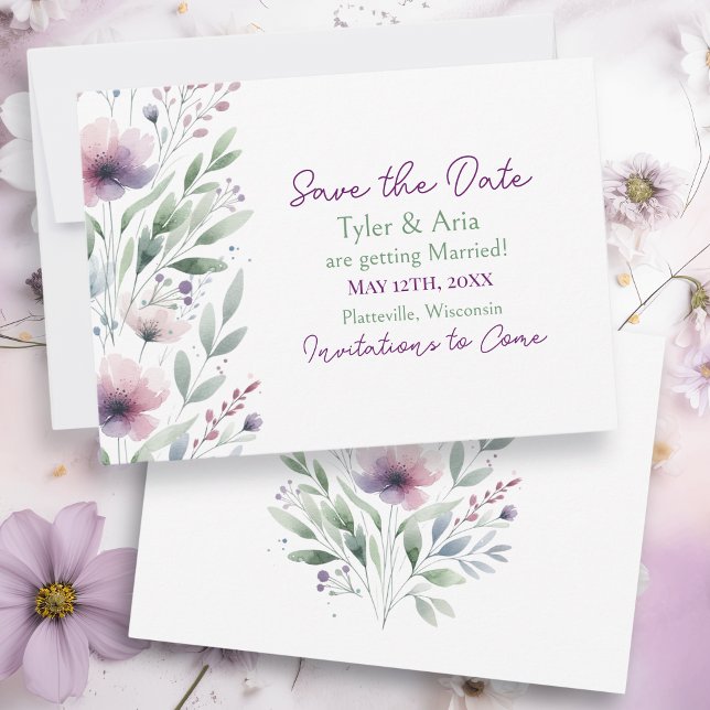 Sage Green and Plum Purple Botanical Wedding Save The Date (Creator Uploaded)
