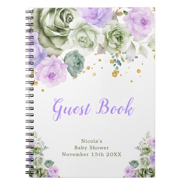 Sage Green and Purple Floral Baby Shower Guest  Notebook (Front)