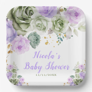 Sage Green and Purple Floral Baby Shower Paper Plate