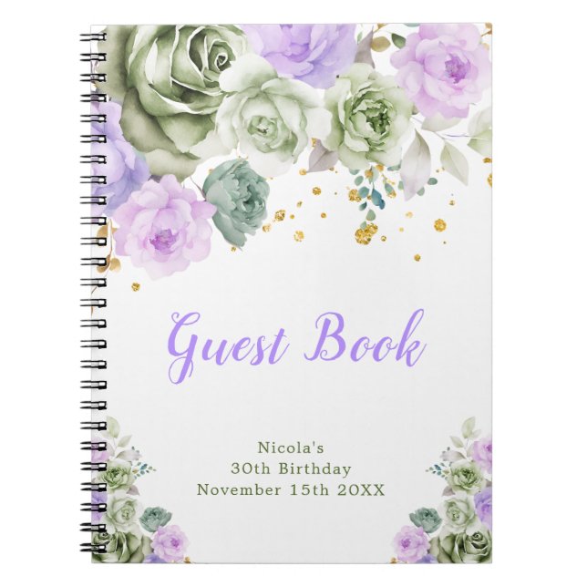 Sage Green and Purple Floral Birthday Guest Book (Front)