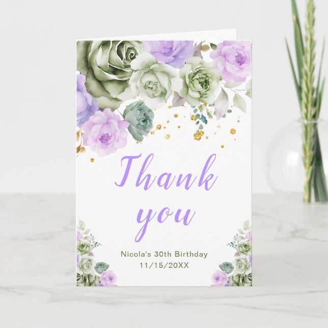 Sage Green and Purple Floral Birthday Thank You Card (Front)