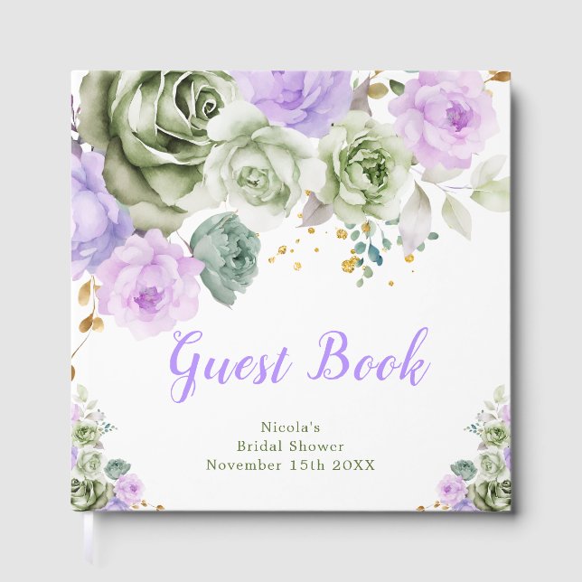Sage Green and Purple Floral Bridal Shower Guest Book (Front)