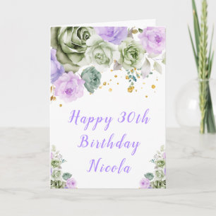 Sage Green and Purple Floral Happy Birthday Card
