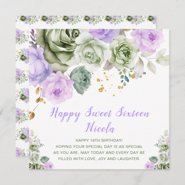 Sage Green and Purple Floral Sweet Sixteen Card (Front/Back)