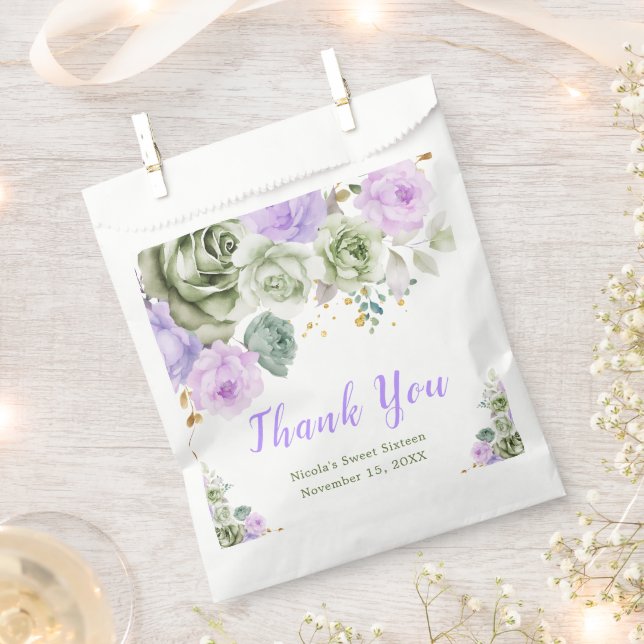 Sage Green and Purple Floral Sweet Sixteen Favour Bag (Clipped)