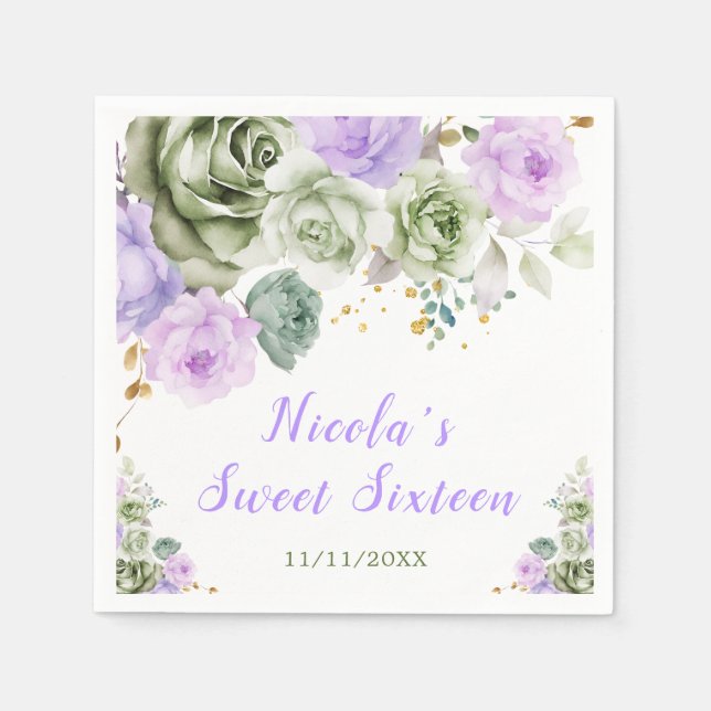 Sage Green and Purple Floral Sweet Sixteen Napkin (Front)