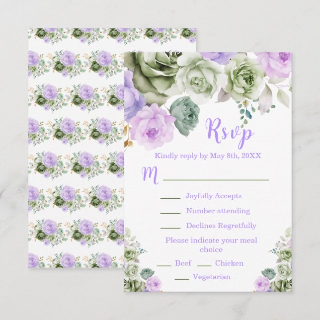 Sage Green and Purple Floral Sweet Sixteen  RSVP Card (Front/Back)