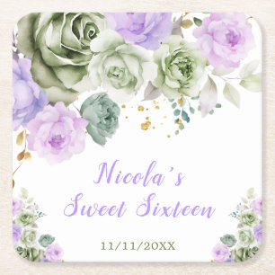 Sage Green and Purple Floral Sweet Sixteen Square Paper Coaster