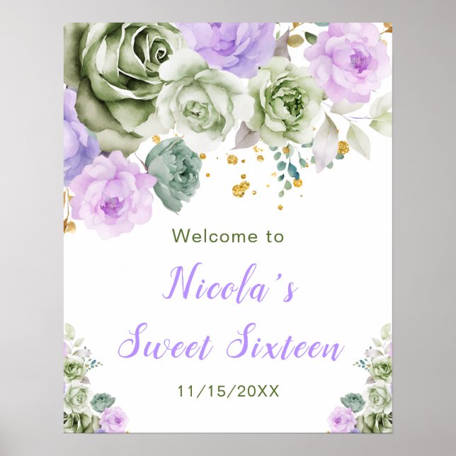 Sage Green and Purple Floral Sweet Sixteen Welcome Poster (Front)