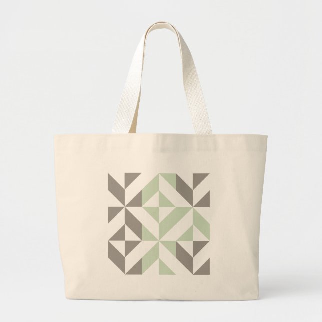Sage Green and Silver Geometric Deco Cube Pattern Large Tote Bag (Front)