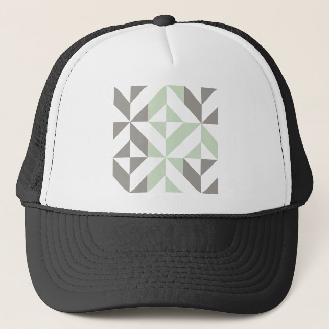 Sage Green and Silver Geometric Deco Cube Pattern Trucker Hat (Front)