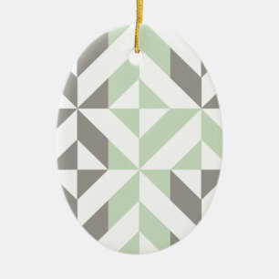Sage Green and Silver Geometric ZigZag Ceramic Ornament