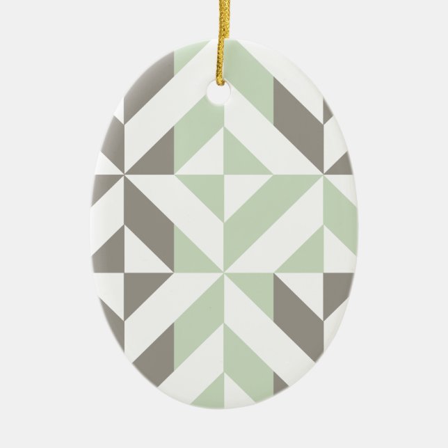 Sage Green and Silver Geometric ZigZag Ceramic Ornament (Front)