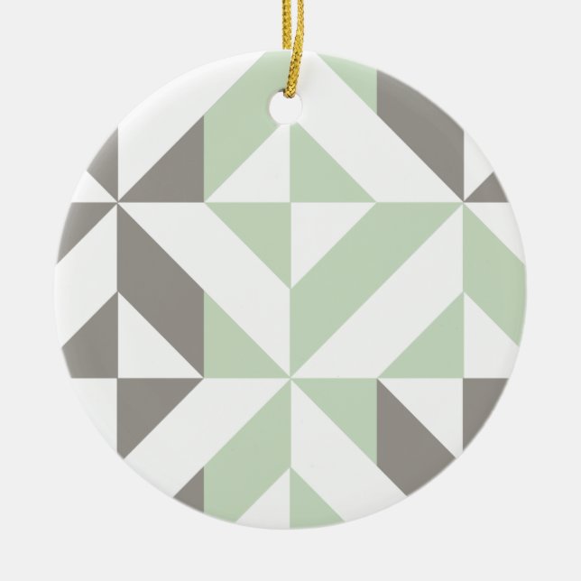 Sage Green and Silver Geometric ZigZag Ceramic Ornament (Front)