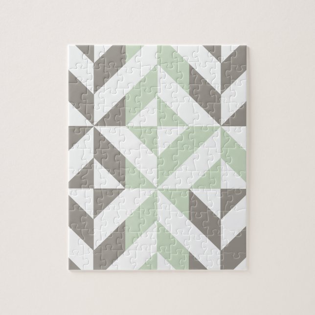 Sage Green and Silver Geometric ZigZag Jigsaw Puzzle (Vertical)