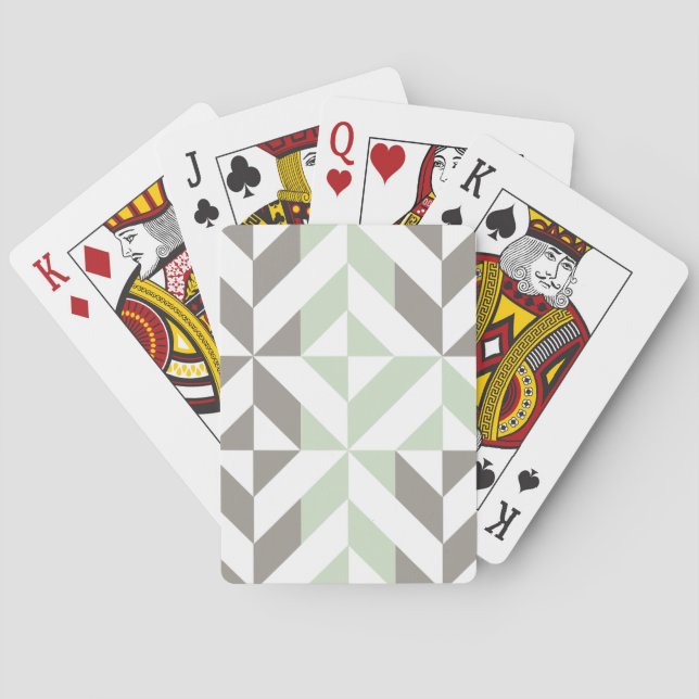 Sage Green and Silver Geometric ZigZag Playing Cards (Back)