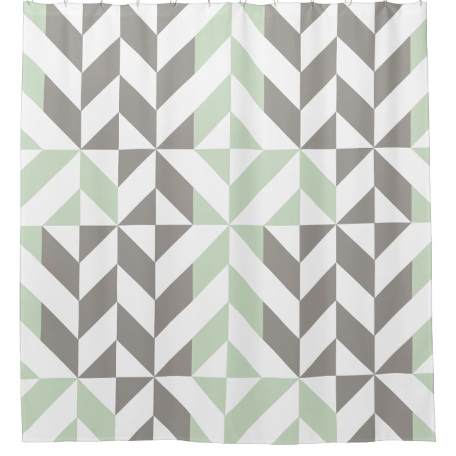 Sage Green and Silver Geometric ZigZag Shower Curtain (Front)