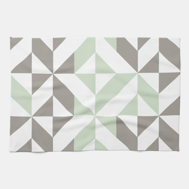 Sage Green and Silver Geometric ZigZag Tea Towel (Horizontal)