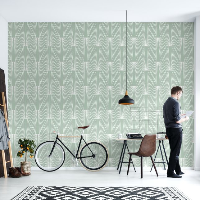 Sage green and white art deco pattern wallpaper (Living Room)