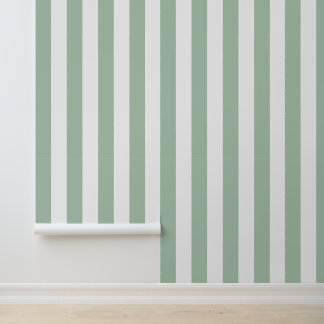 Sage Green and White Bold Vertical Stripes Wallpaper
