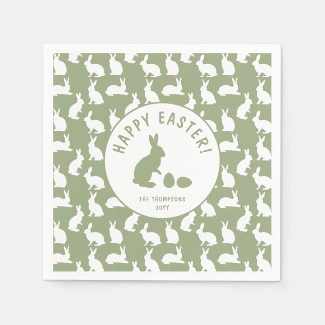 Sage Green And White Bunnies Happy Easter Napkin (Front)