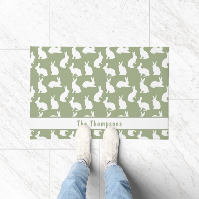 Sage Green And White Bunnies With Name Easter Doormat (Indoor)