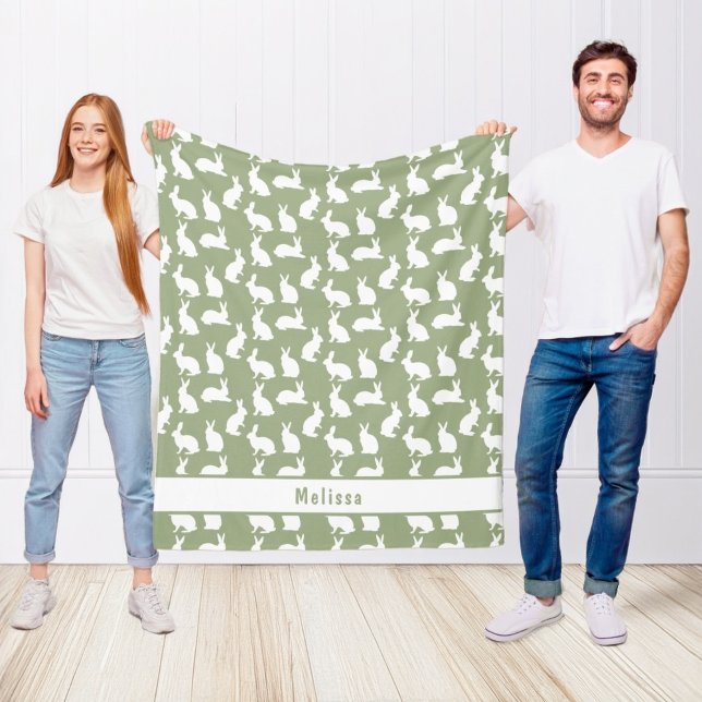 Sage Green And White Bunny Pattern And Name Easter Fleece Blanket (Creator Uploaded)