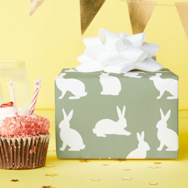 Sage Green And White Bunny Pattern Cute Easter Wrapping Paper (Birthday Party)