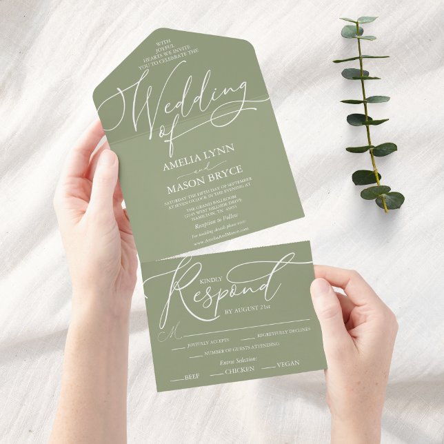 Sage Green and White Calligraphy Script Wedding All In One Invitation (Elegant Script Calligraphy Wedding Invitation all in one Sage Green)