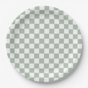Sage Green and White Chequered Paper Plate