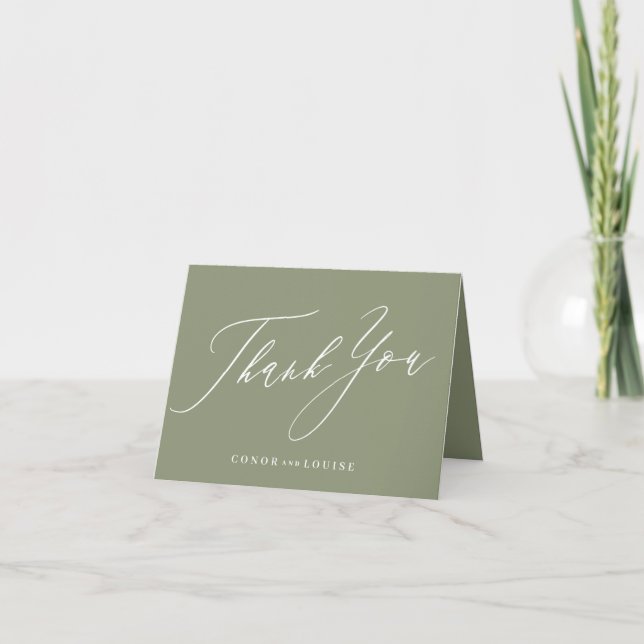 Sage Green and White Classic Calligraphy Wedding Thank You Card (Front)