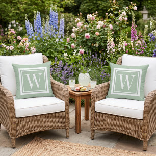 Sage Green and White Classic Square Monogram Cushion
