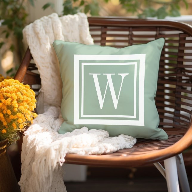 Sage Green and White Classic Square Monogram Cushion (Creator Uploaded)