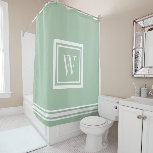 Sage Green and White Classic Square Monogram Shower Curtain (In Situ)