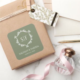 Sage Green and White Crest Monogram Wedding Square Sticker