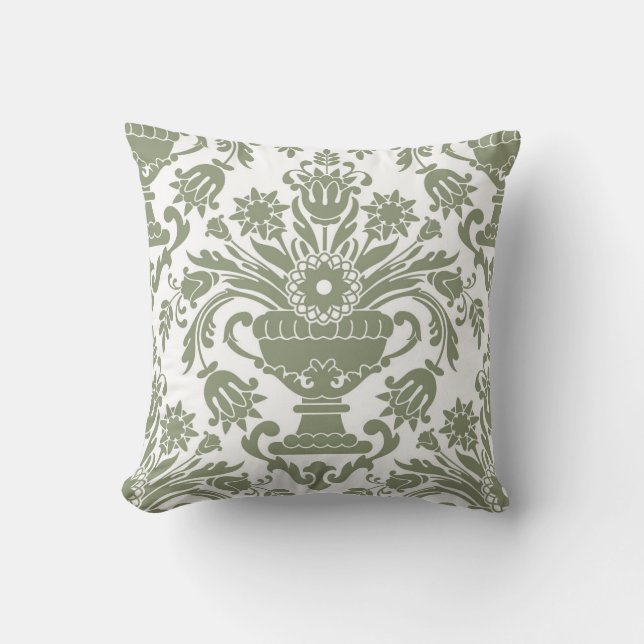 Sage Green and White Damask Floral Pattern Elegant Cushion (Front)