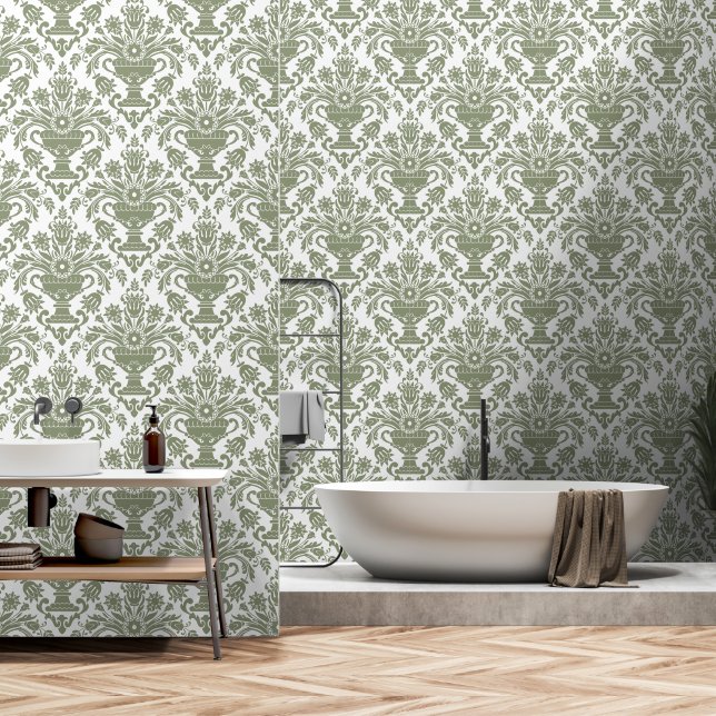 Sage Green and White Damask Floral peel and stick Wallpaper (Bathroom)