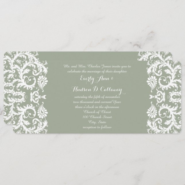 Sage Green and White Damask Wedding Invitation (Front/Back)