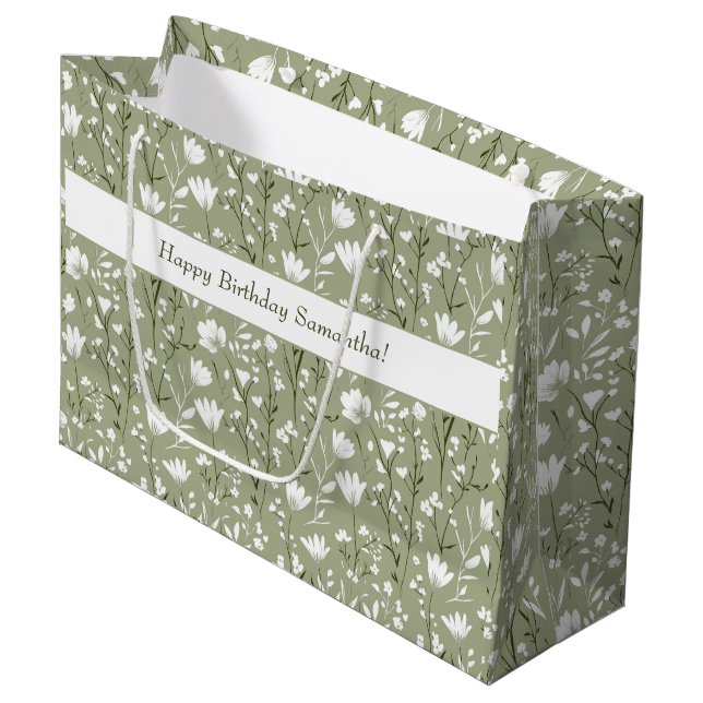 Sage Green and White Floral Birthday for her Large Gift Bag (Front Angled)