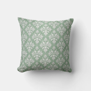 Sage Green and White Floral Damask Cushion