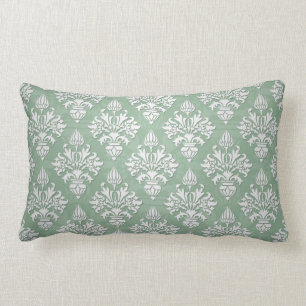 Sage Green and White Floral Damask Lumbar Cushion