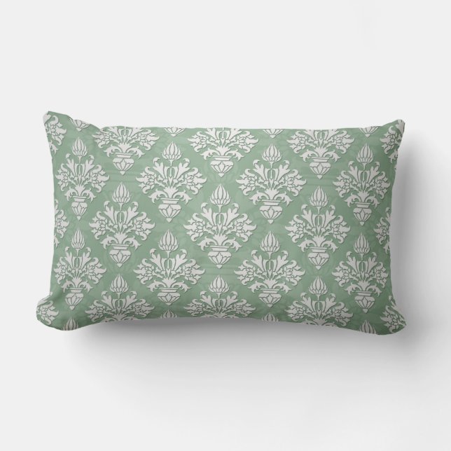 Sage Green and White Floral Damask Lumbar Cushion (Front)