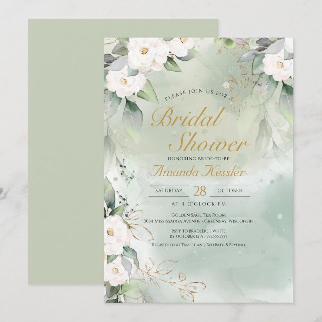 Sage Green and White Floral  Elegant Bridal Shower Invitation (Front/Back)