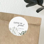 Sage Green and White Floral Love is Sweet Wedding Classic Round Sticker<br><div class="desc">Custom-designed wedding favour stickers and labels featuring "love is sweet" modern elegant sage green and white floral design.</div>