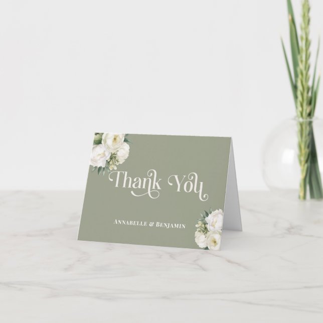 Sage Green and White Floral Wedding Details Thank You Card (Front)
