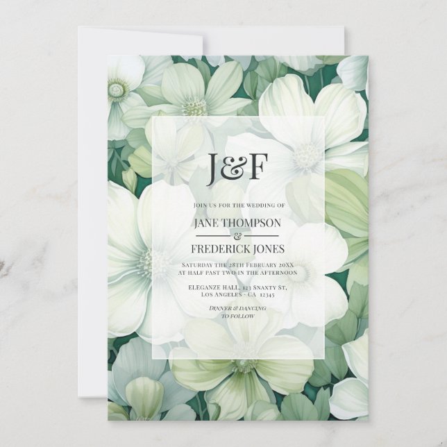 Sage Green and White Floral Wedding Monogram Invitation (Front)