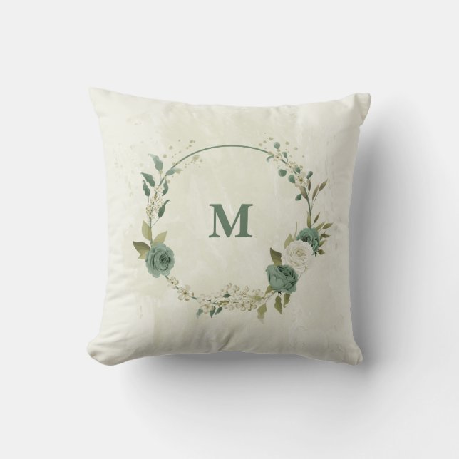 sage green and white flower cushion (Front)