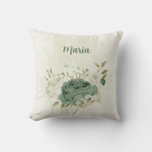 sage green and white flower cushion