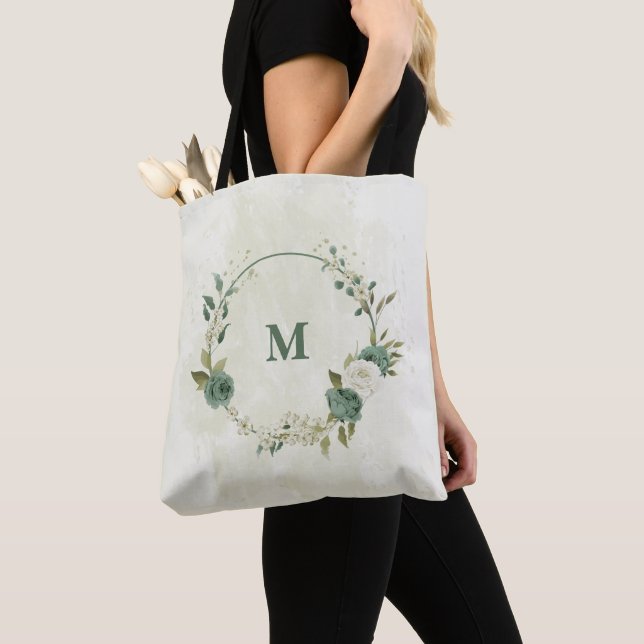 sage green and white flower tote bag (Close Up)